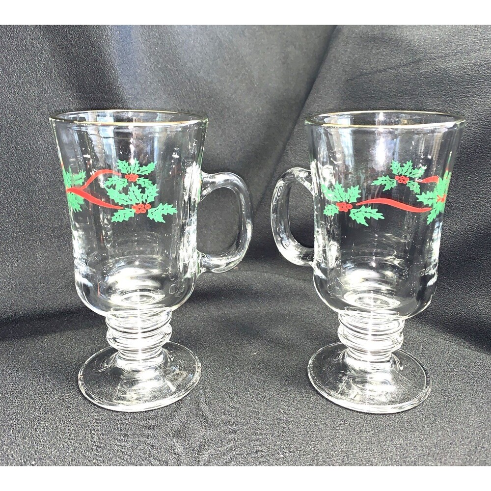 Vtg 80s Christmas Holly Berry Pedestal Glasses Irish Coffee Mugs Gold Rim Set/2